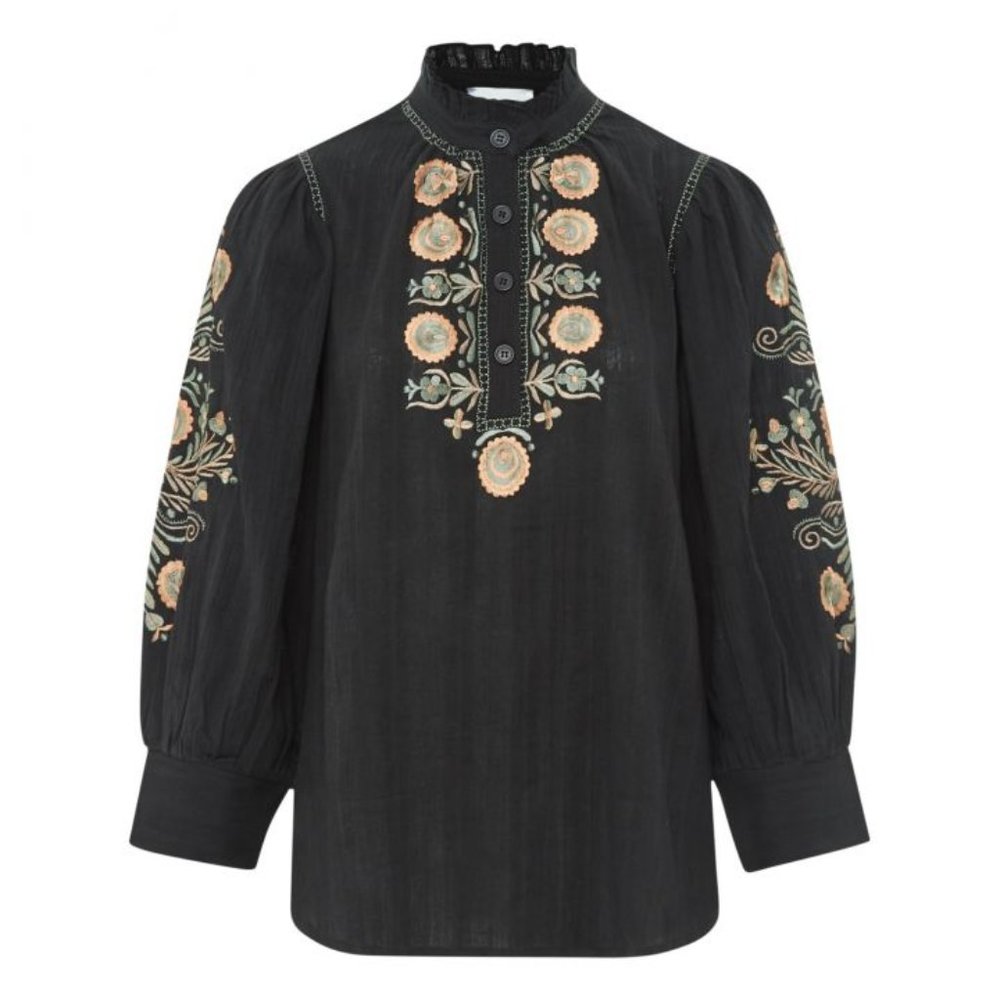 ANTIK BATIK  Igor Embroidered Cotton Crepe Blouse | Black